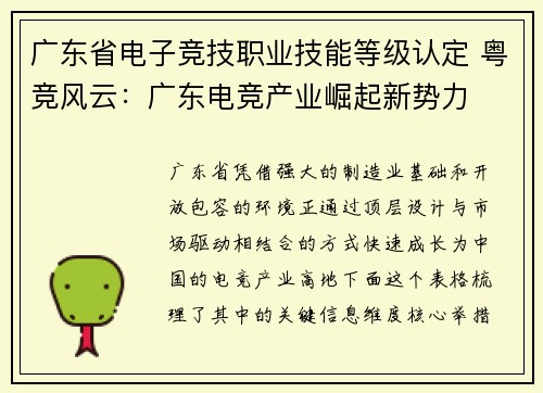 广东省电子竞技职业技能等级认定 粤竞风云：广东电竞产业崛起新势力